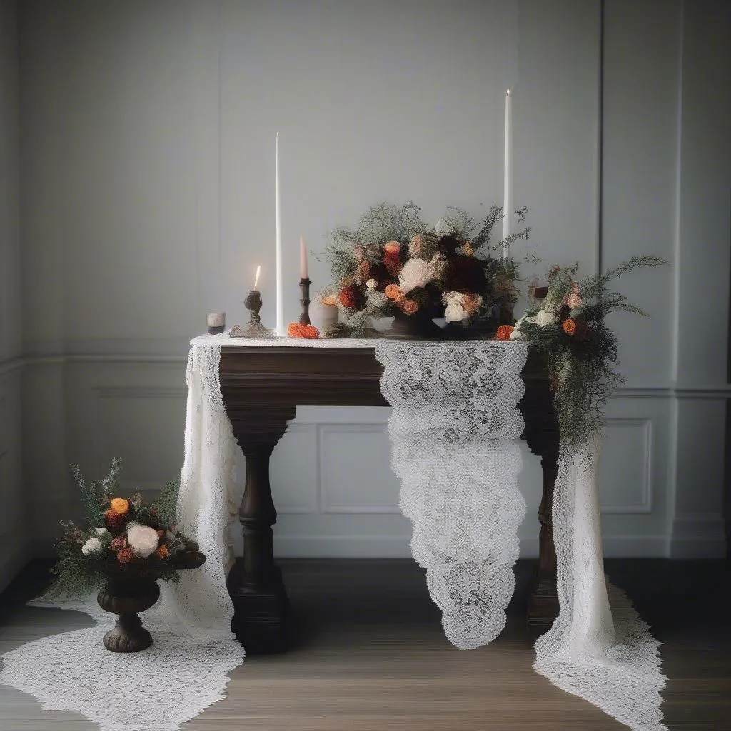 Décoration d'autel en bois foncé avec des fleurs de saison