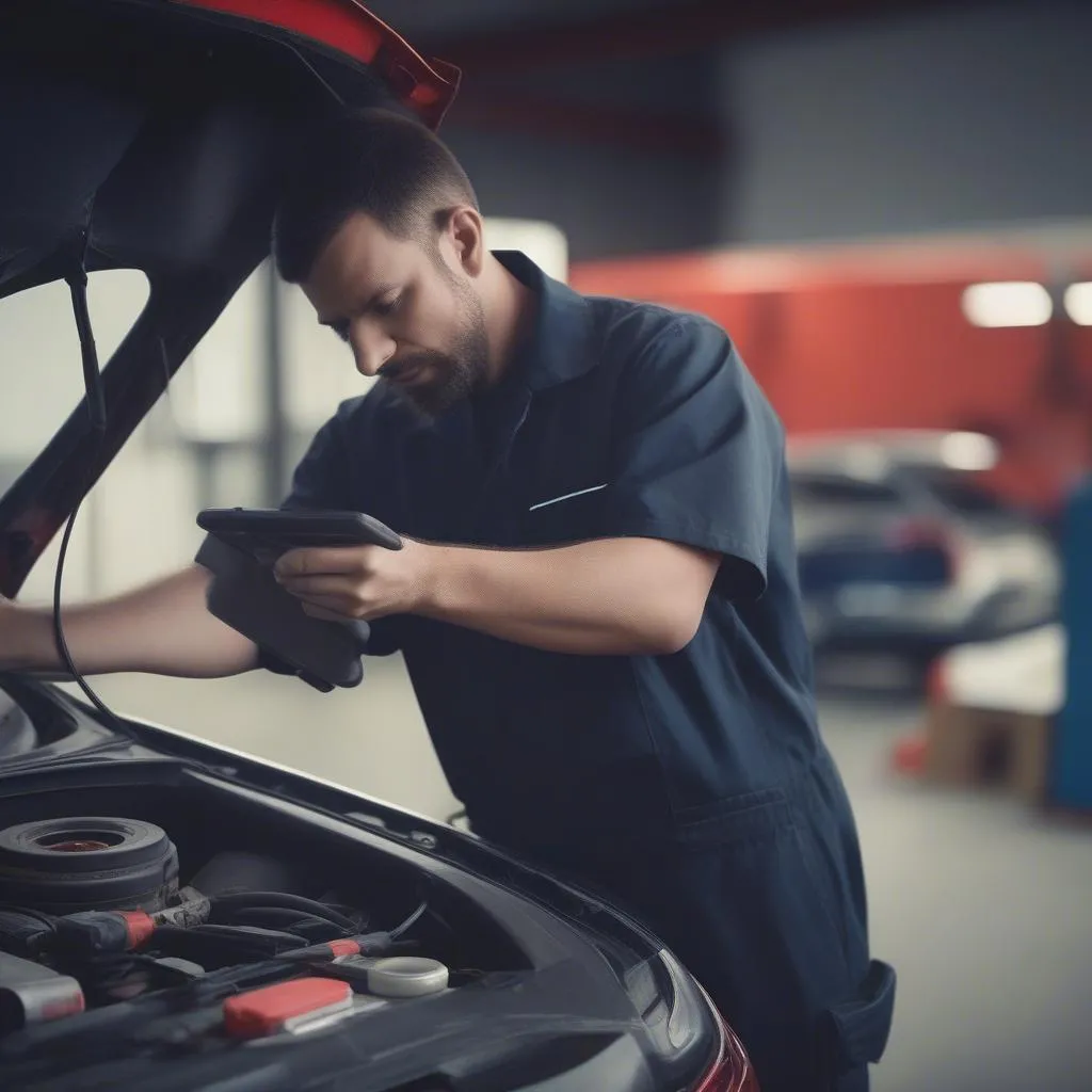 Mécanicien utilisant Autel Diaglise pour diagnostiquer une voiture