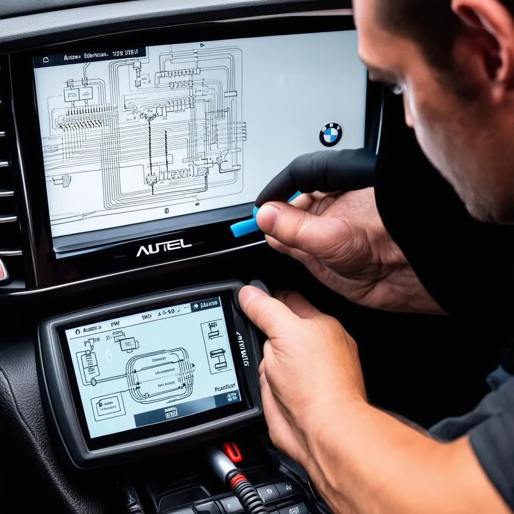 Outil de diagnostic Autel affichant un schéma de câblage BMW