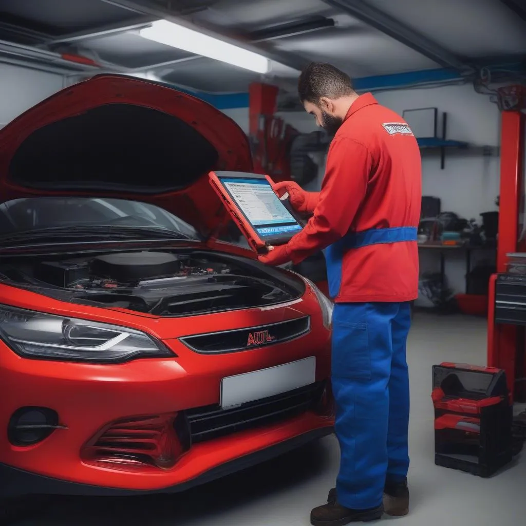 Mécanicien utilisant un outil de diagnostic Autel dans un garage en Espagne