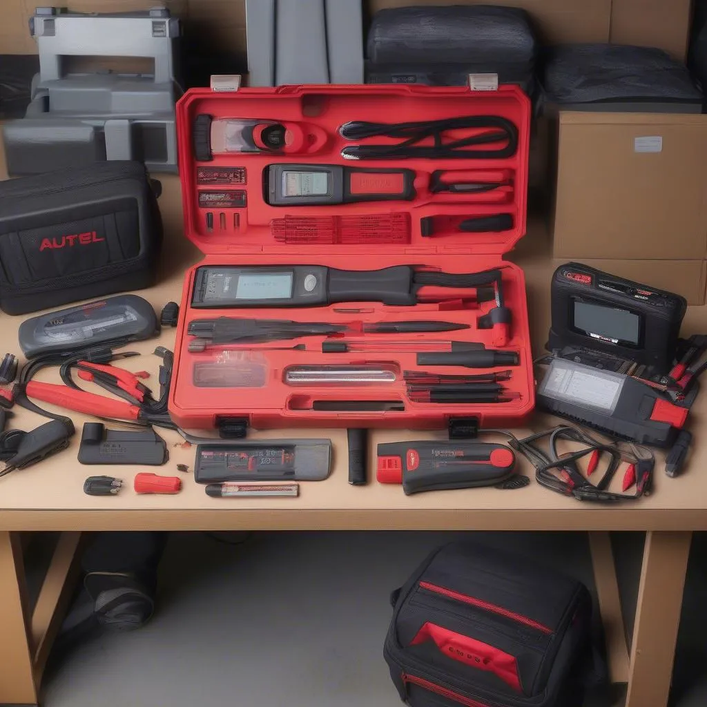 Autel Diagnostic Tools arranged on a workbench