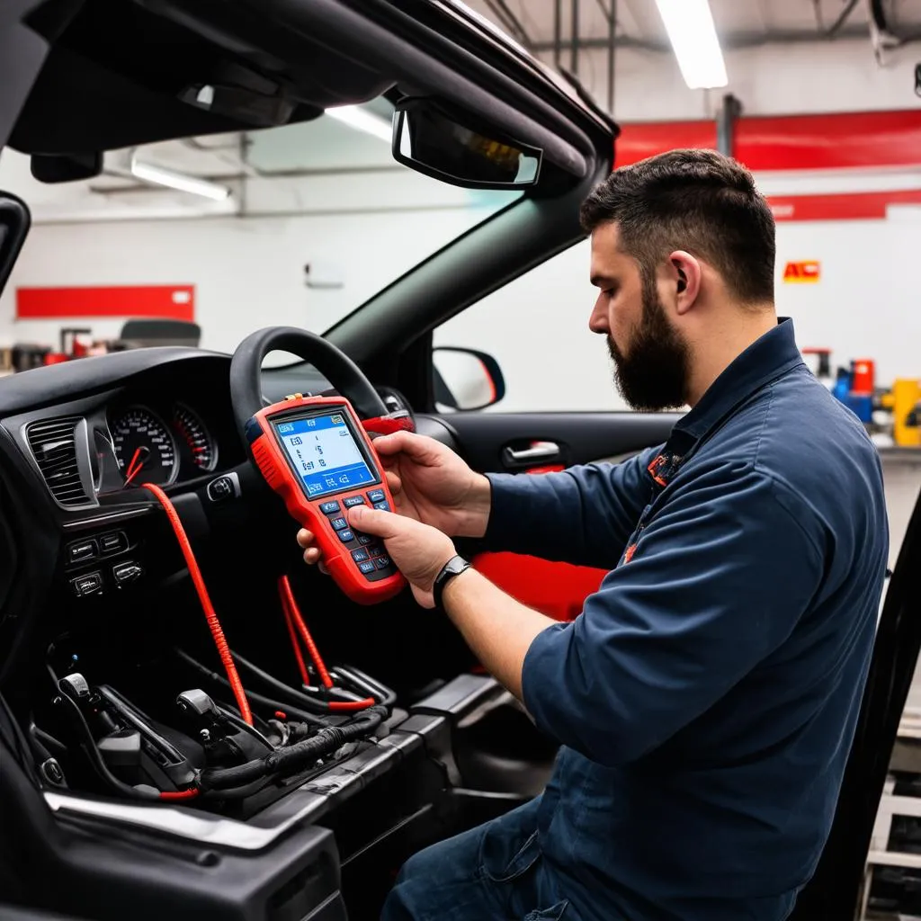 Mécanicien utilisant un outil de diagnostic Autel sur une voiture européenne