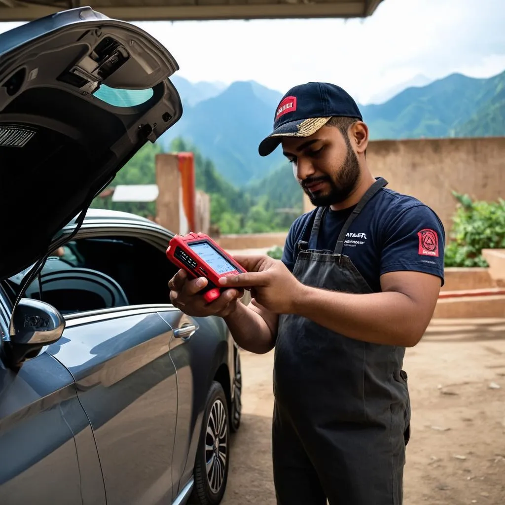 Un mécanicien utilisant un outil de diagnostic Autel dans un garage au Népal