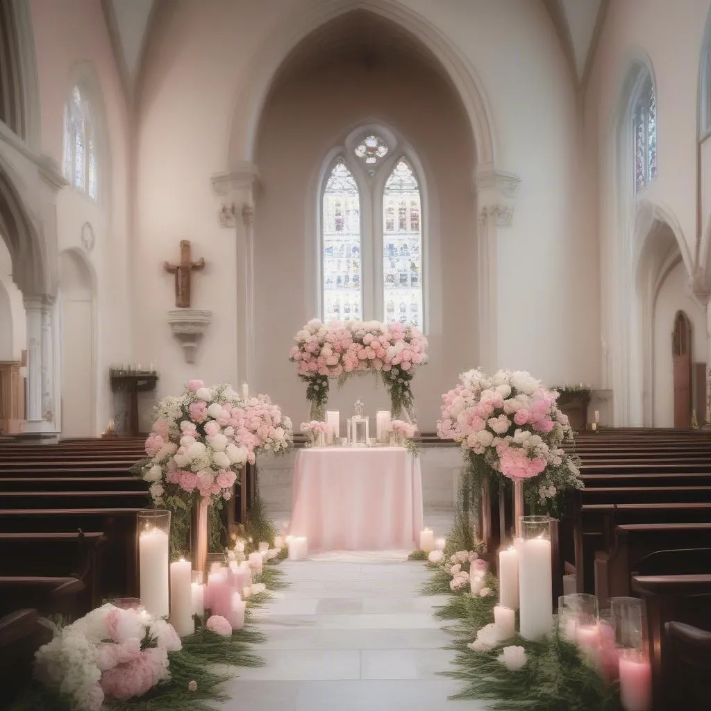 Autel d'église décoré de pivoines roses et blanches