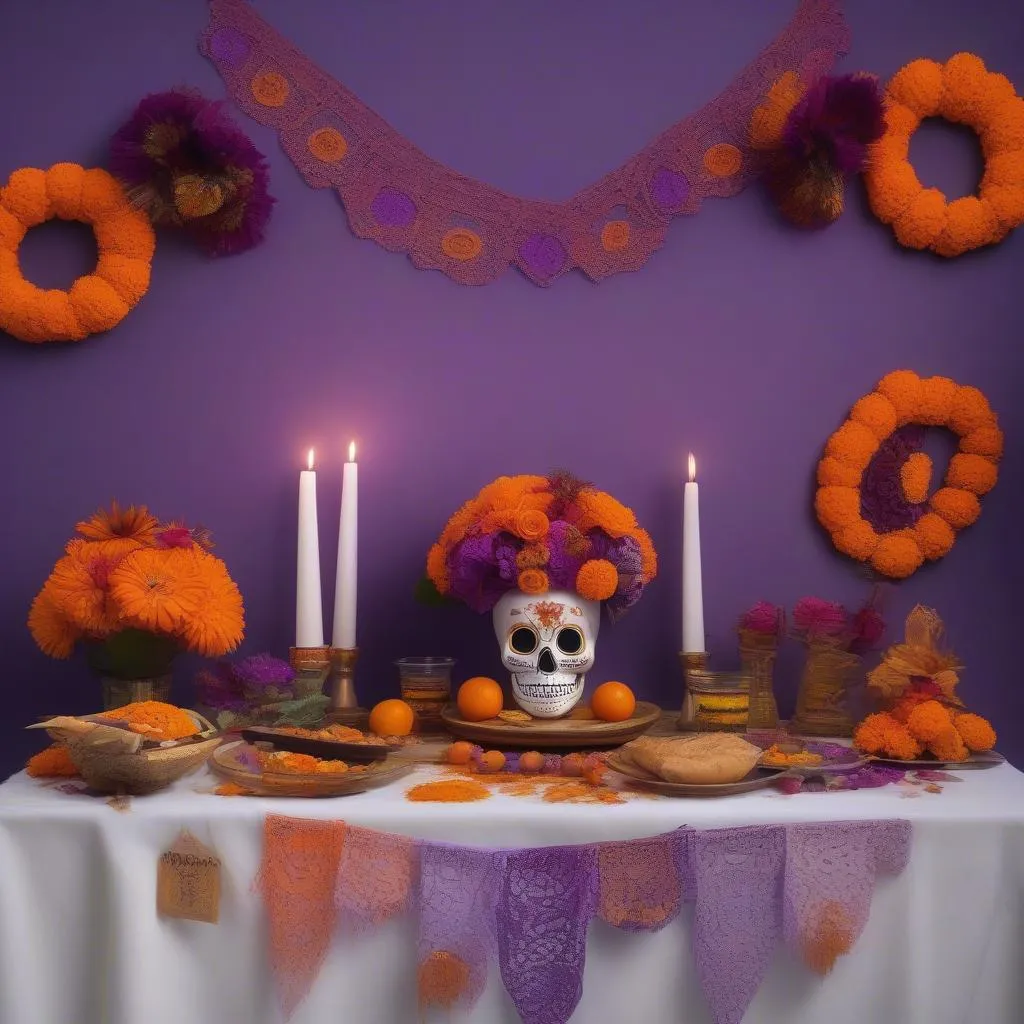 Autel du Jour des Morts décoré de fleurs orange et violettes