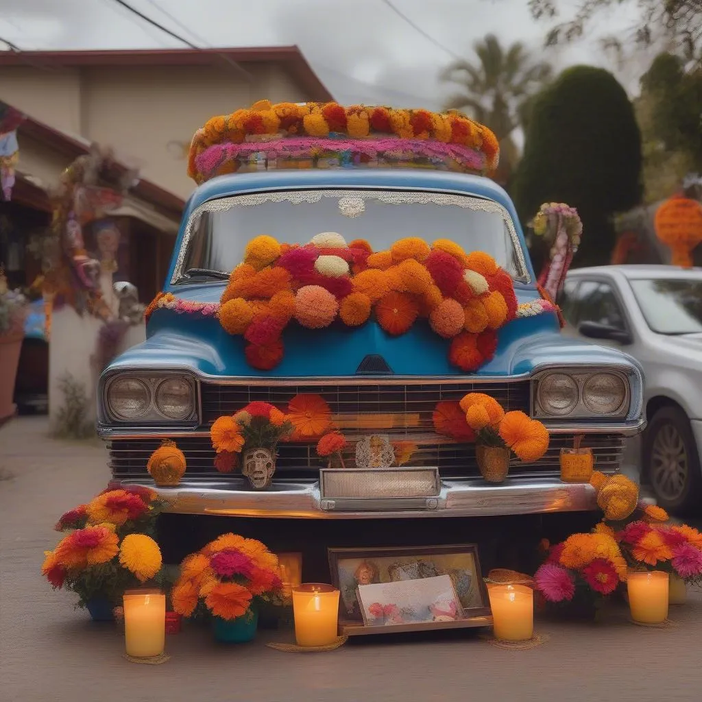 Autel du Jour des Morts avec une voiture décorée de fleurs et de crânes de sucre