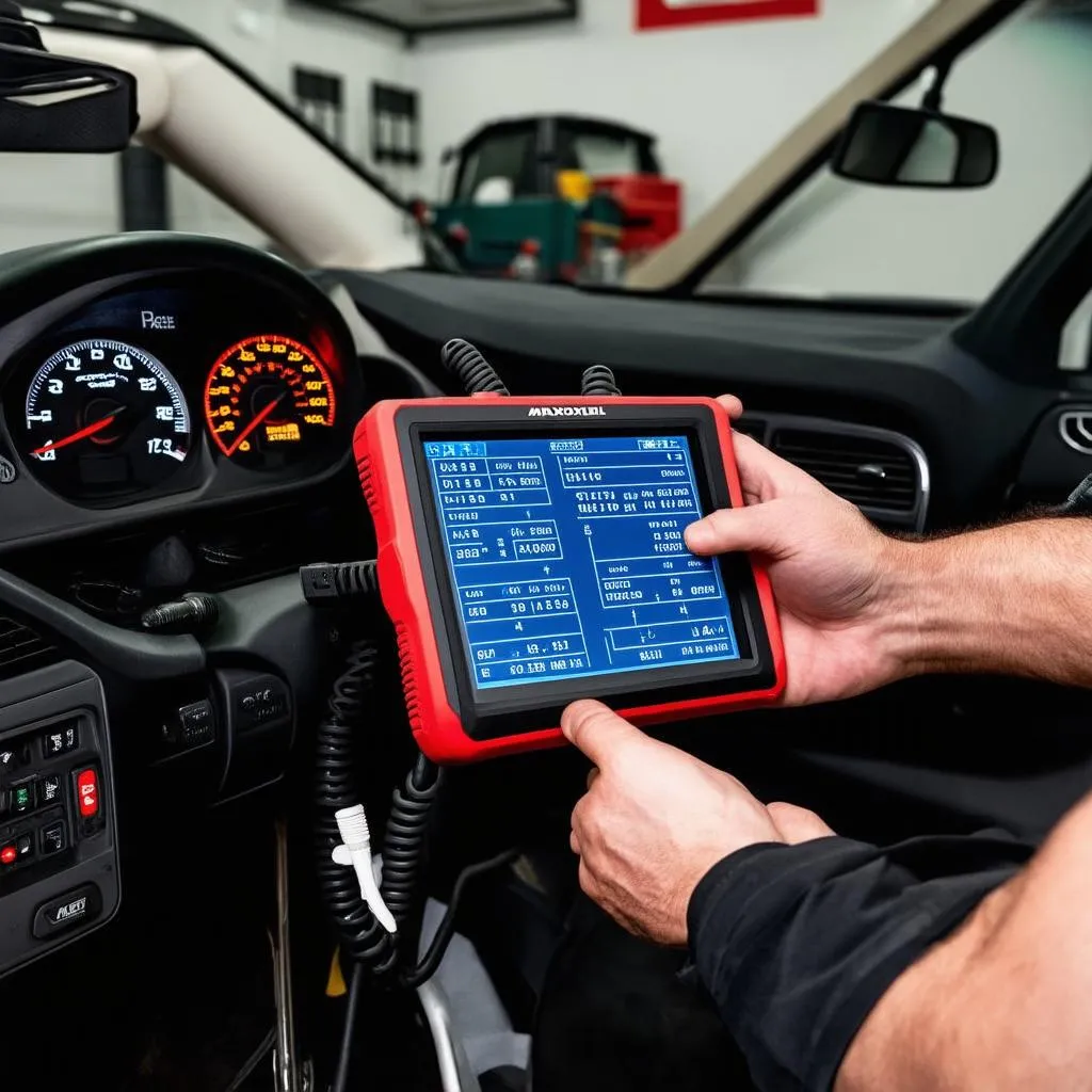 Autel MaxiDAS DS708 utilisé pour diagnostiquer une voiture