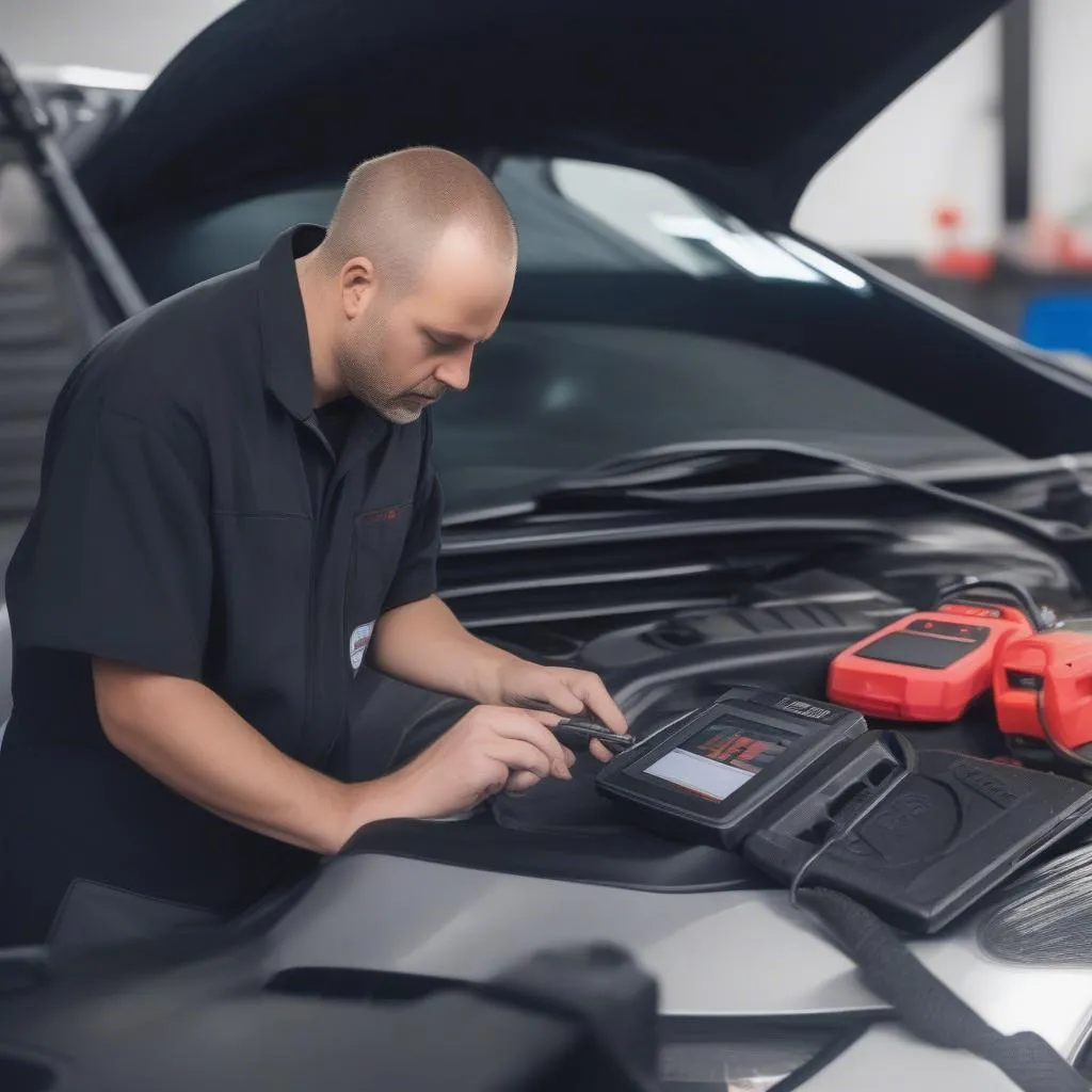 Autel MaxiSys diagnostic tool being used on a car in a garage