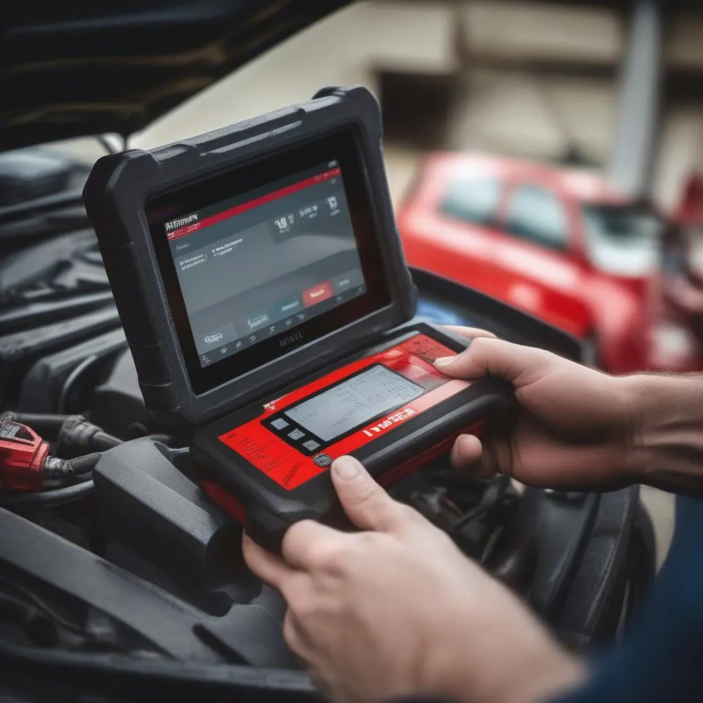 Mechanic holding an Autel MK808TS