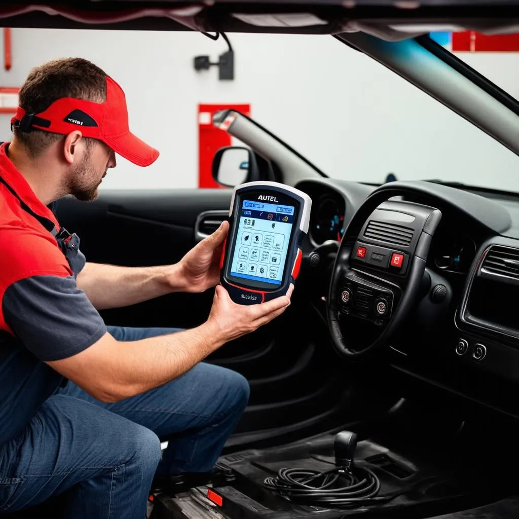 Mécanicien utilisant un scanner Autel sur une voiture