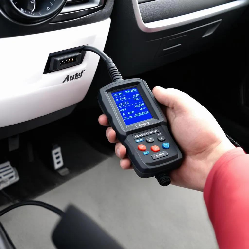 Autel scanner plugged into car's dashboard