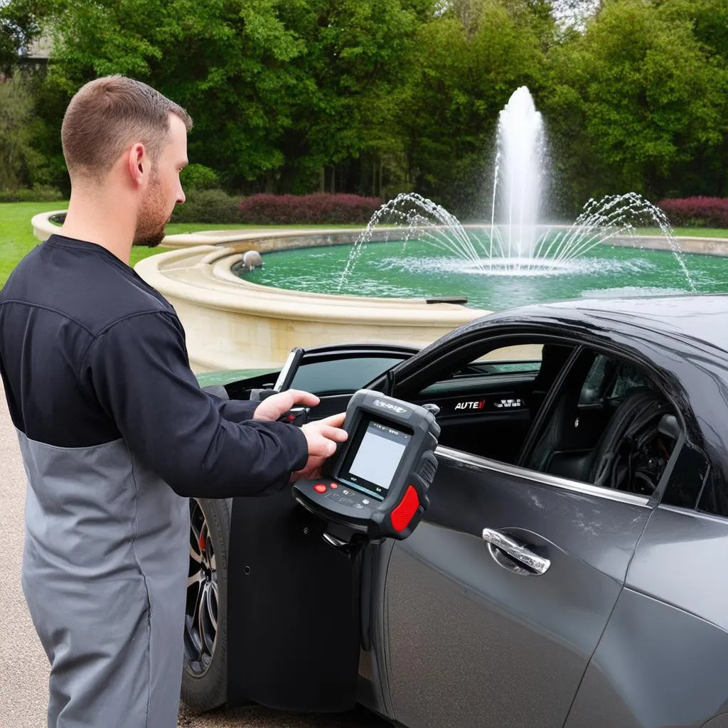 Mécanicien utilisant un scanner Autel sur une voiture près d'une fontaine