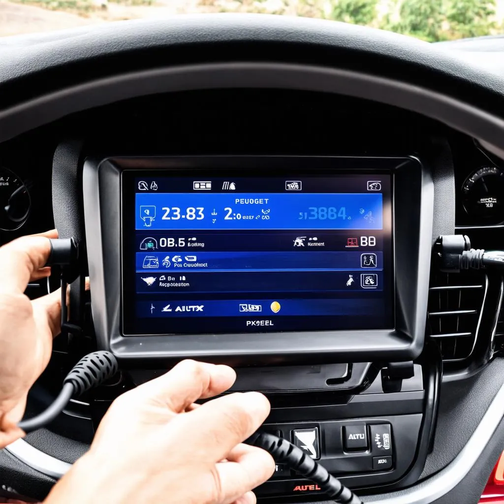 Autel Scanner plugged into the OBD port of a Peugeot 308
