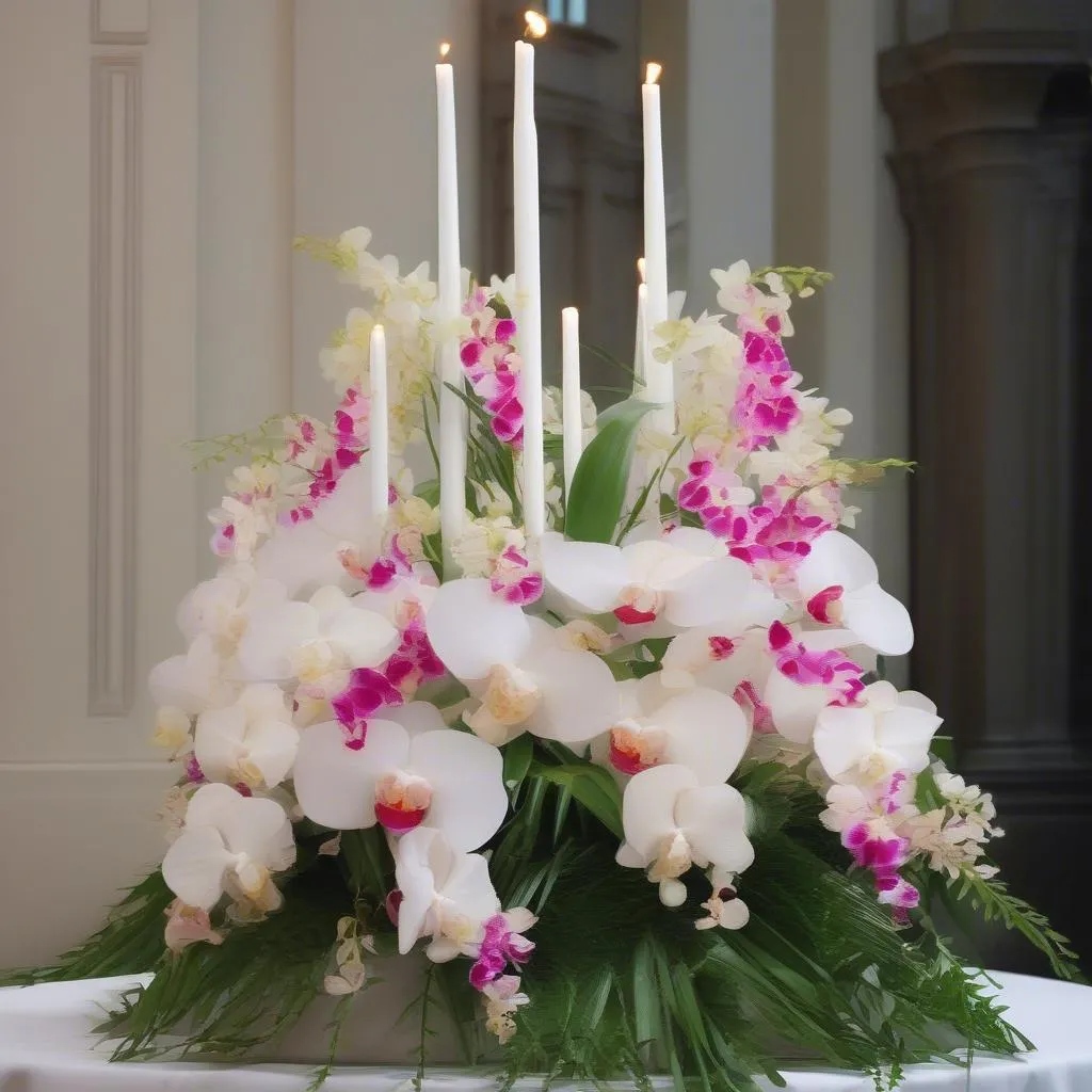 Composition florale pour l'autel d'une église avec des orchidées retombantes