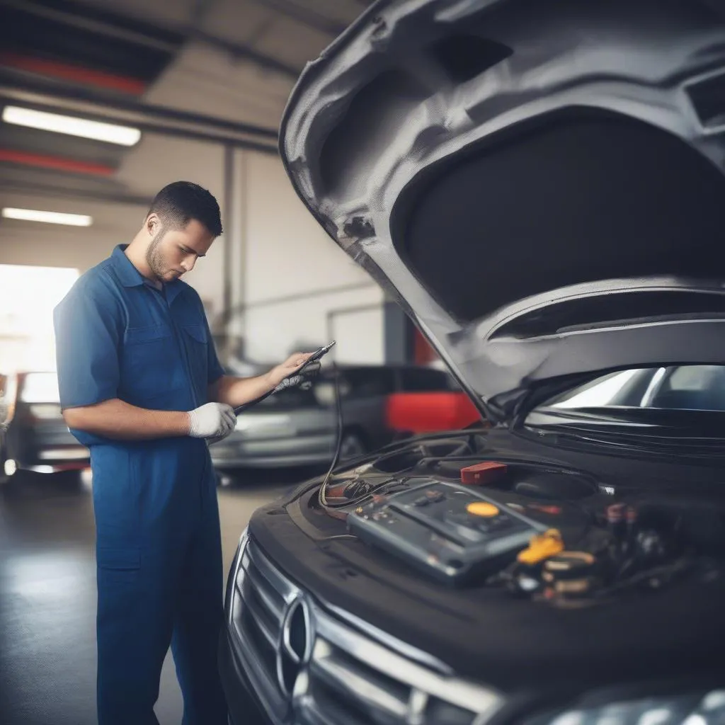 Mechanic with diagnostic equipment