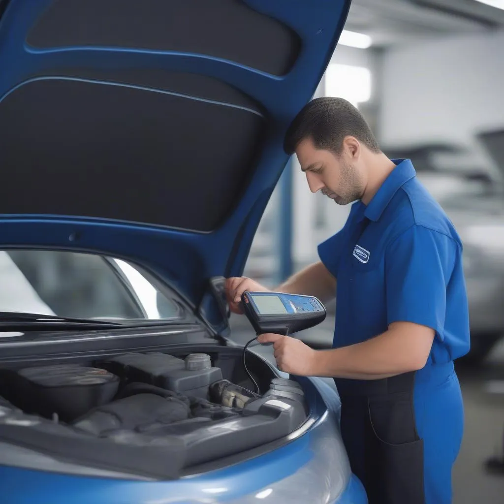 Auto mechanic working on car diagnostics