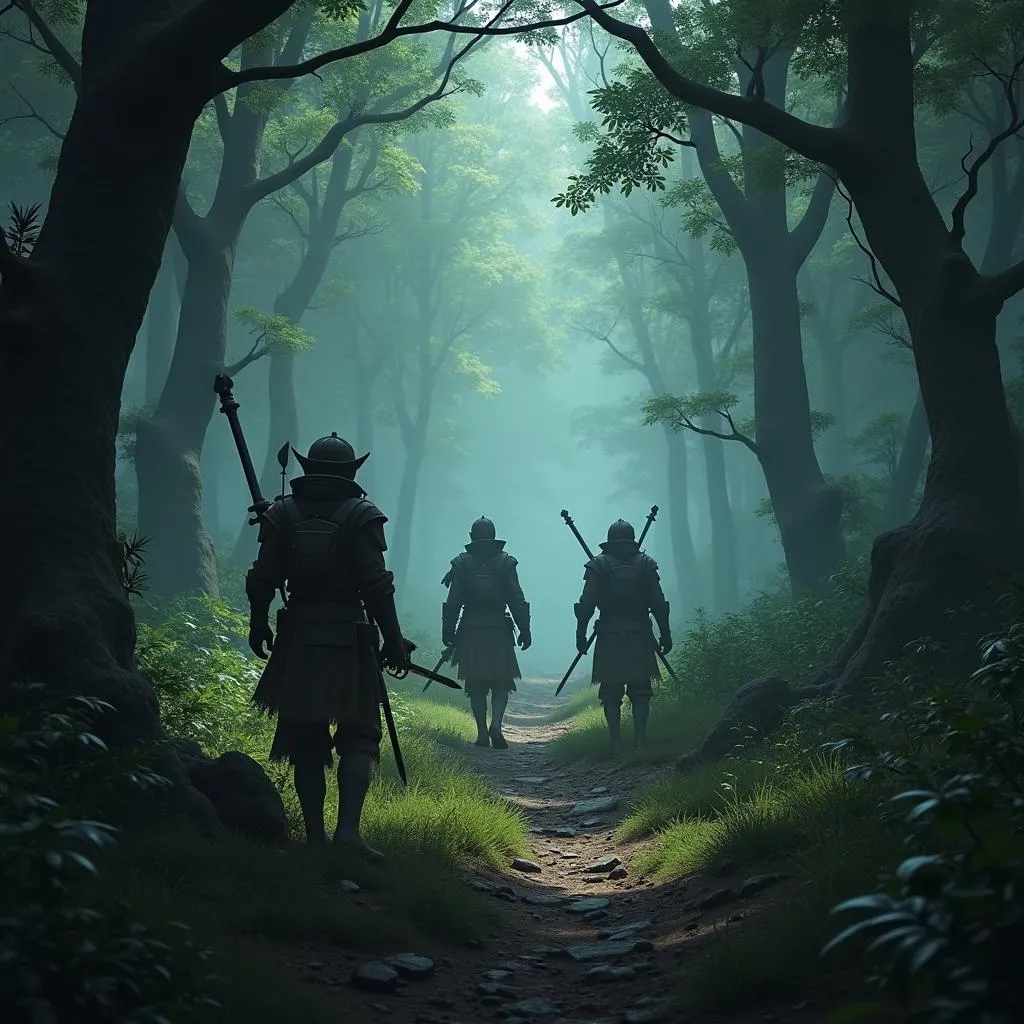 Groupe d'aventuriers explorant une forêt dans Black Desert Online