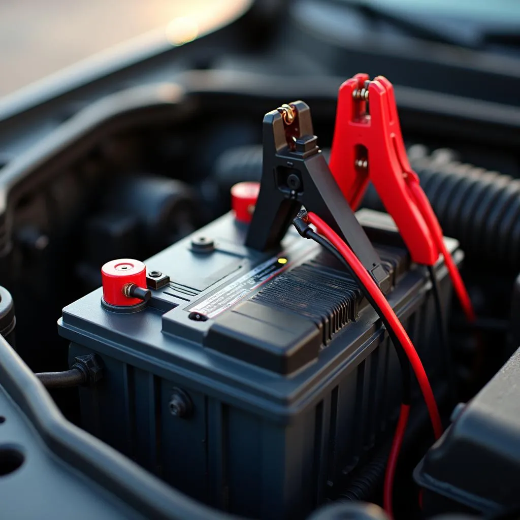 Batterie de voiture déchargée avec câbles de démarrage connectés