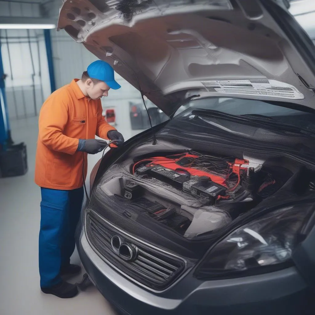 Batterie de voiture en cours de maintenance