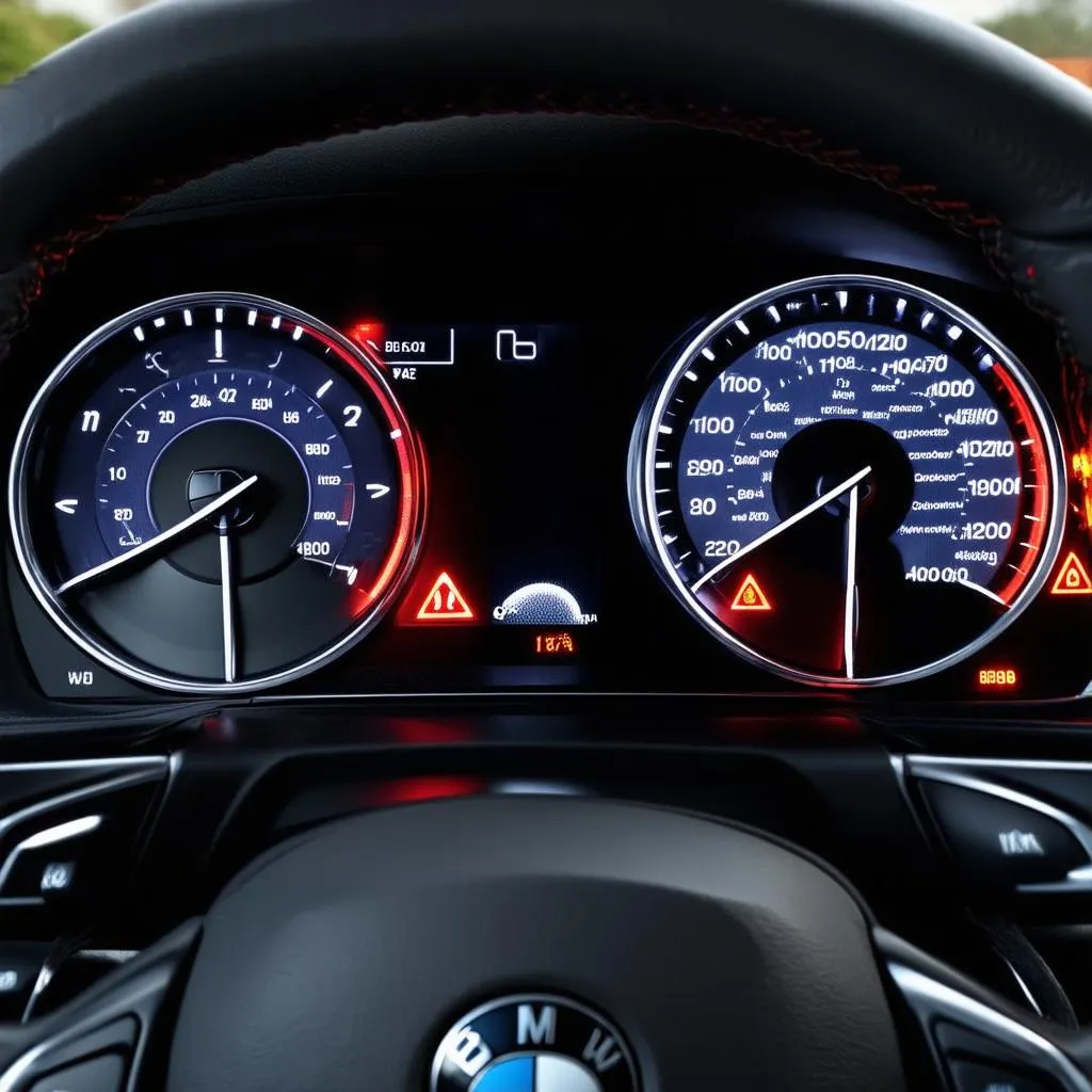 BMW dashboard with warning lights