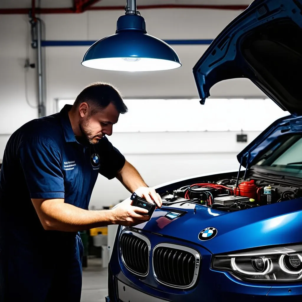 Mécanicien travaillant sur une BMW