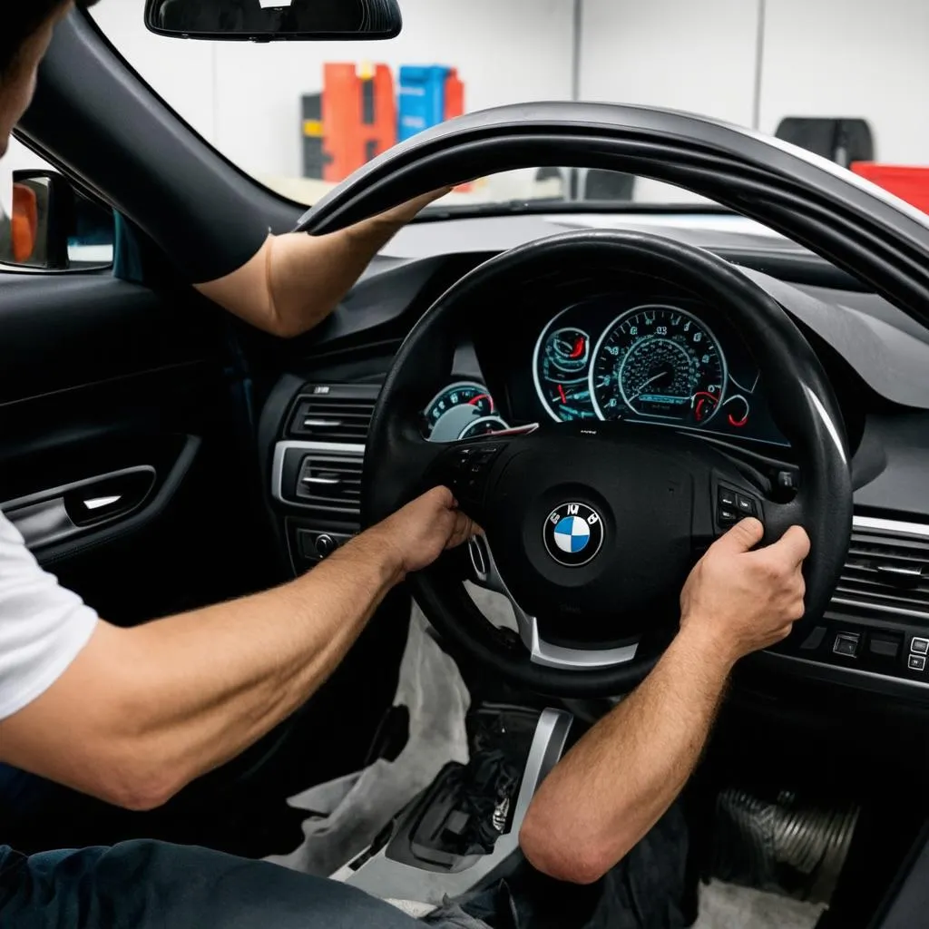 Mécanicien travaillant sur l'installation d'un HUD retrofit dans une BMW