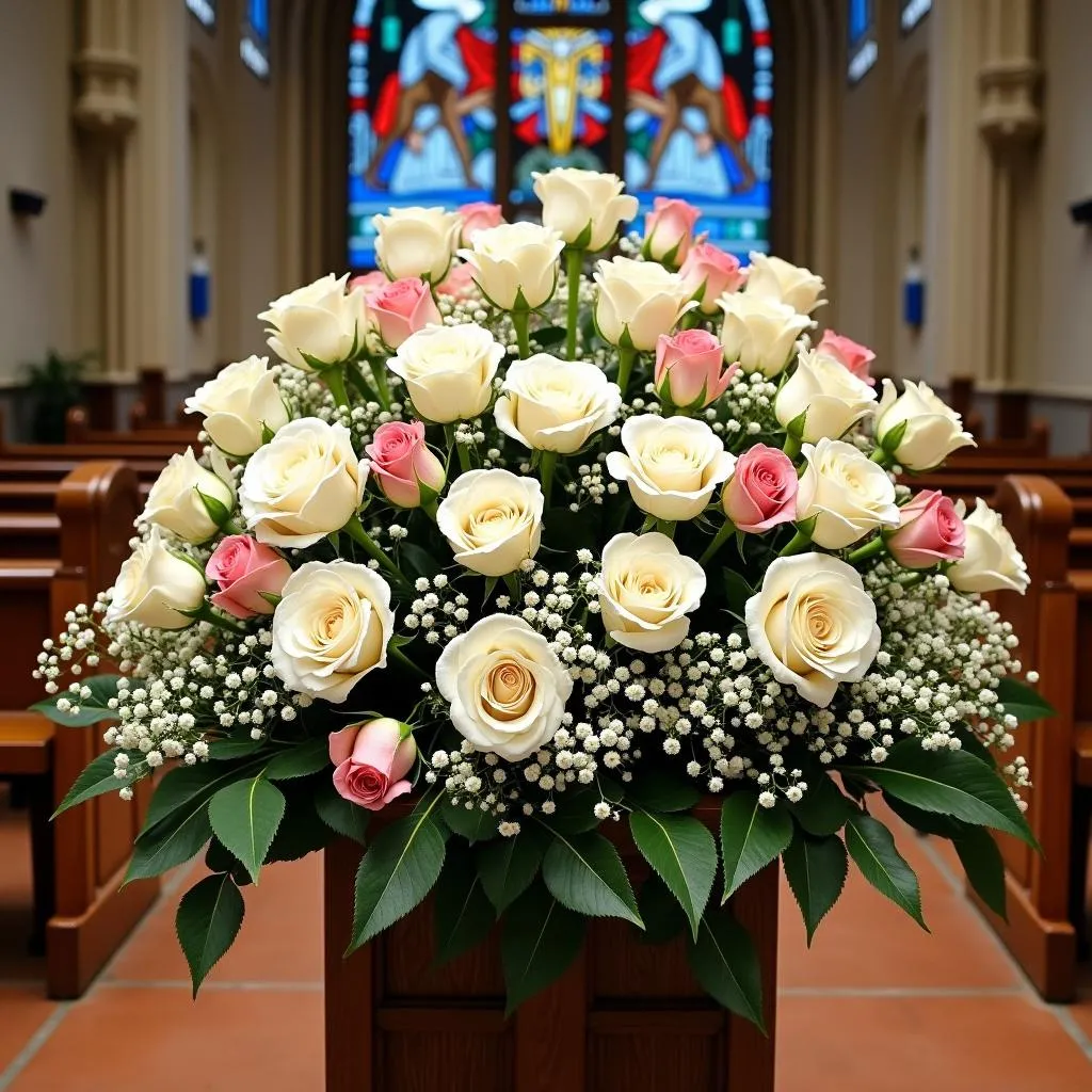 Bouquet d'autel église blanc et roses