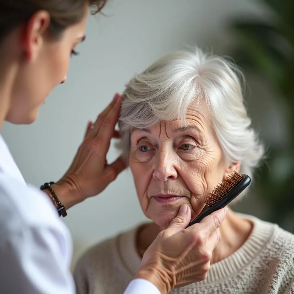 Brossage doux des cheveux d'un patient Alzheimer