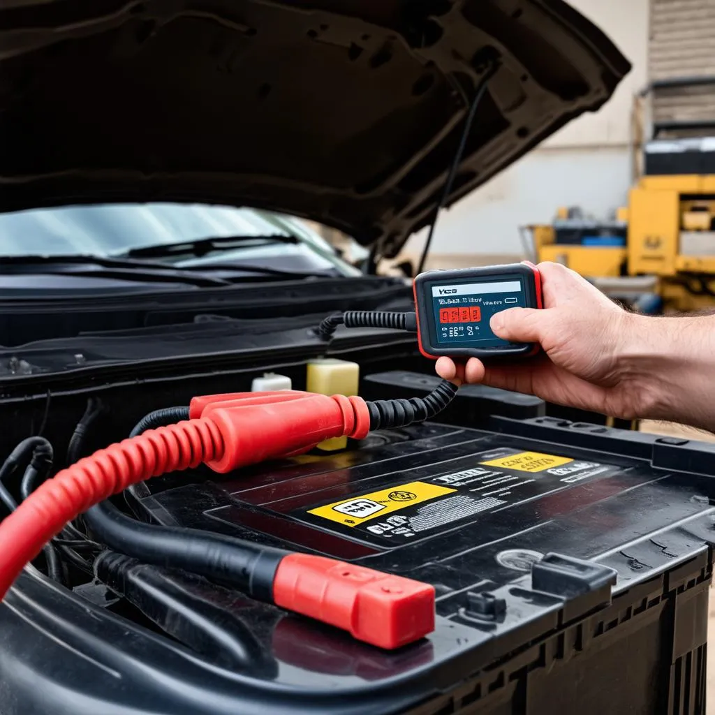 OBD scanner plugged into car's OBD port with the car battery in the background