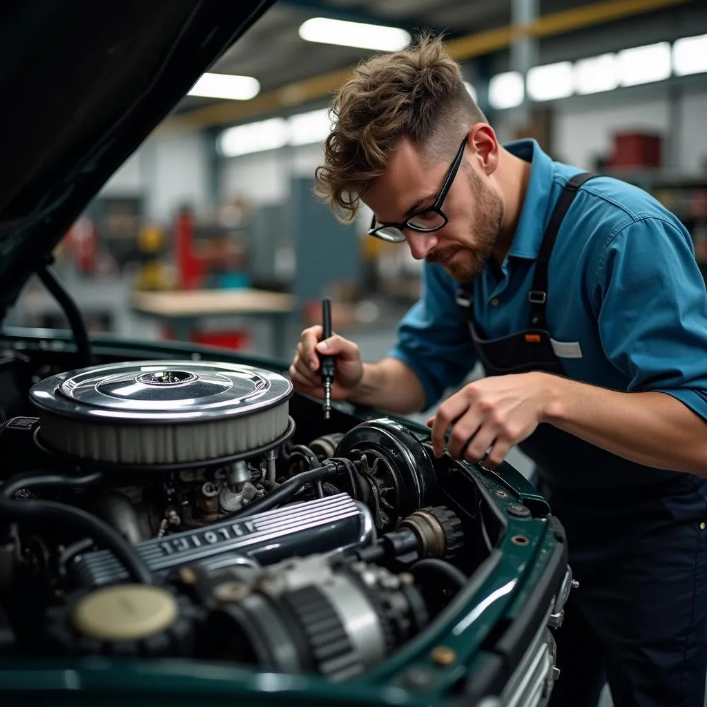 Car builder travaillant sur le moteur d'une voiture classique