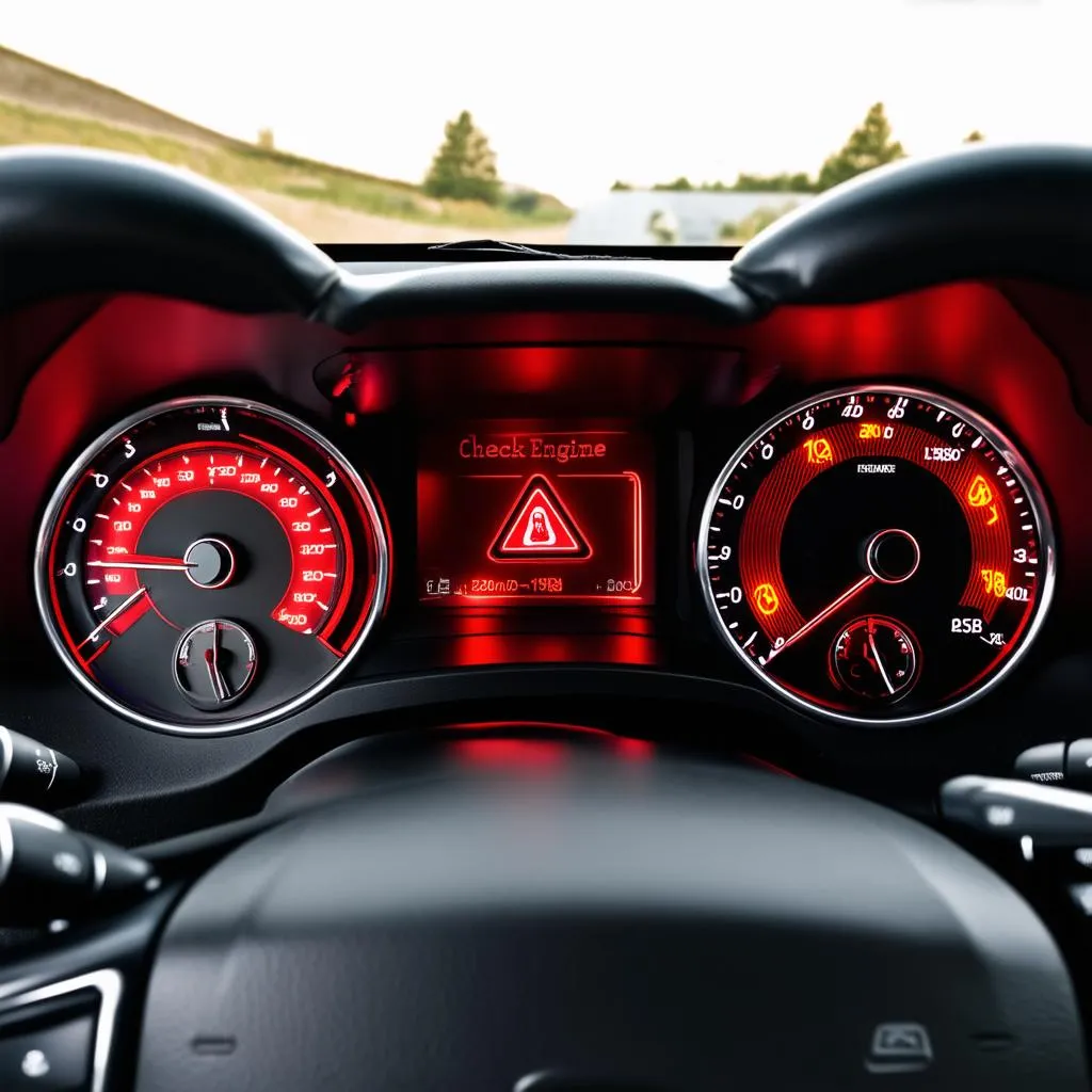 Car dashboard with warning lights on