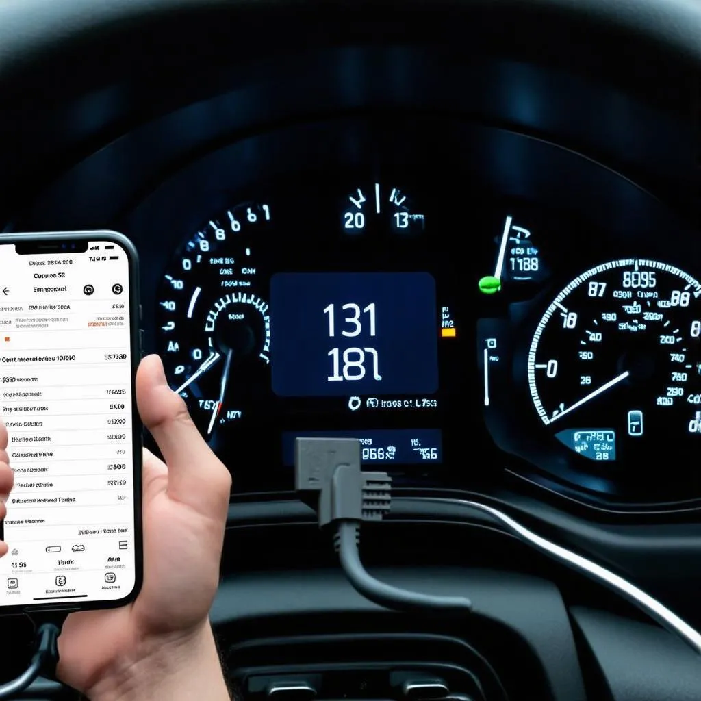 Tableau de bord d'une voiture avec un scanner OBD branché et un smartphone affichant des informations de diagnostic.