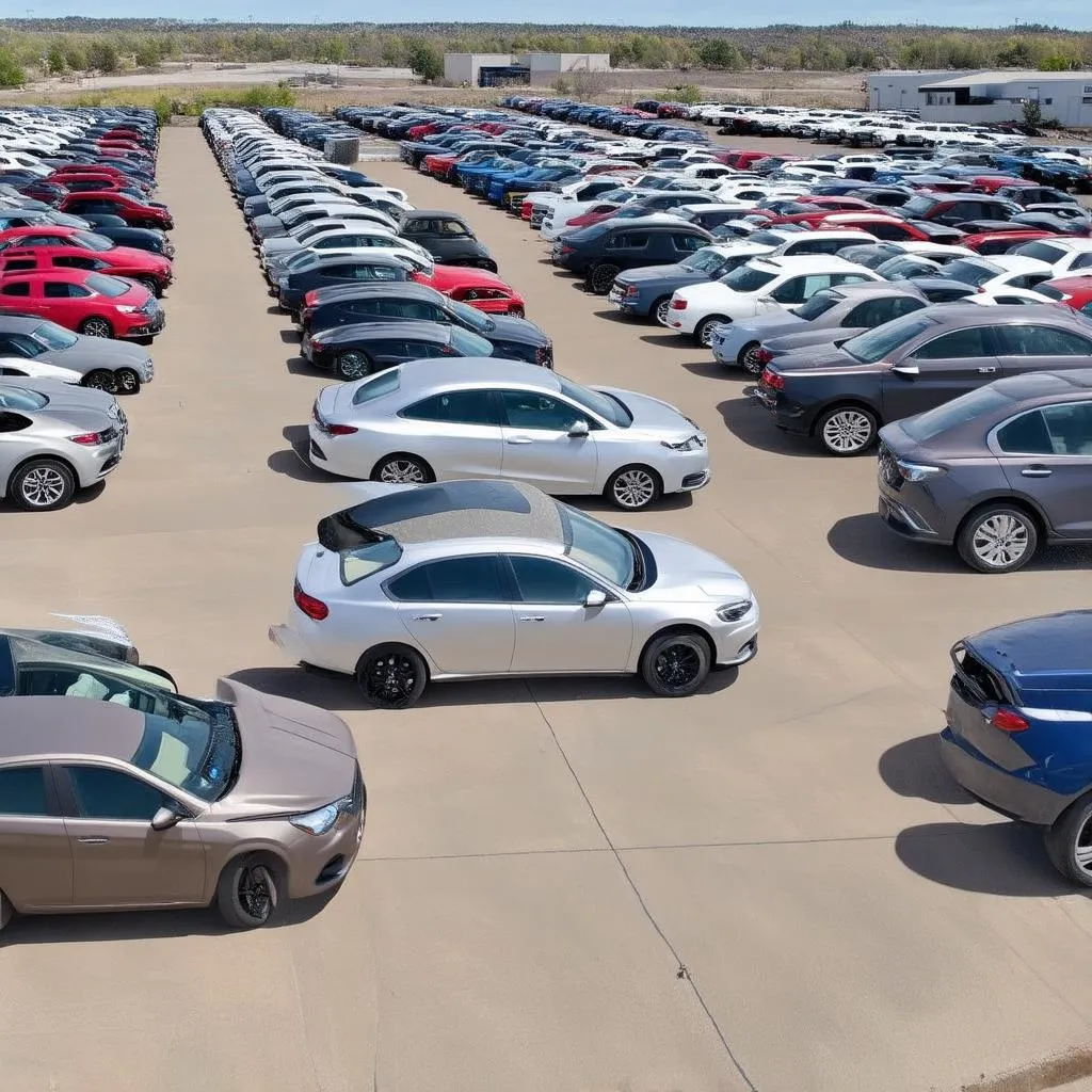 Un grand parking avec des rangées de voitures chez Car Max Fresno