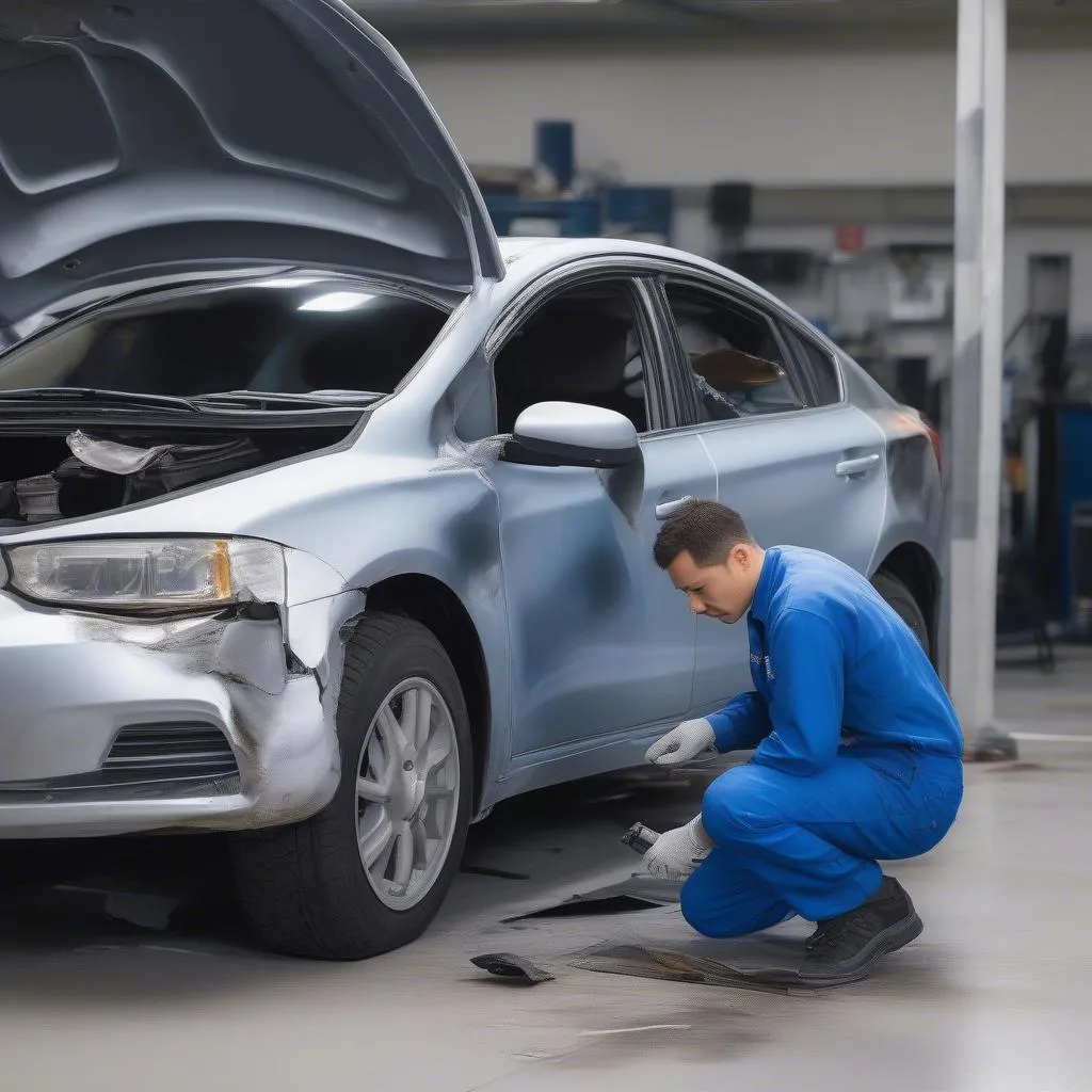 Car mechanic inspecting damage