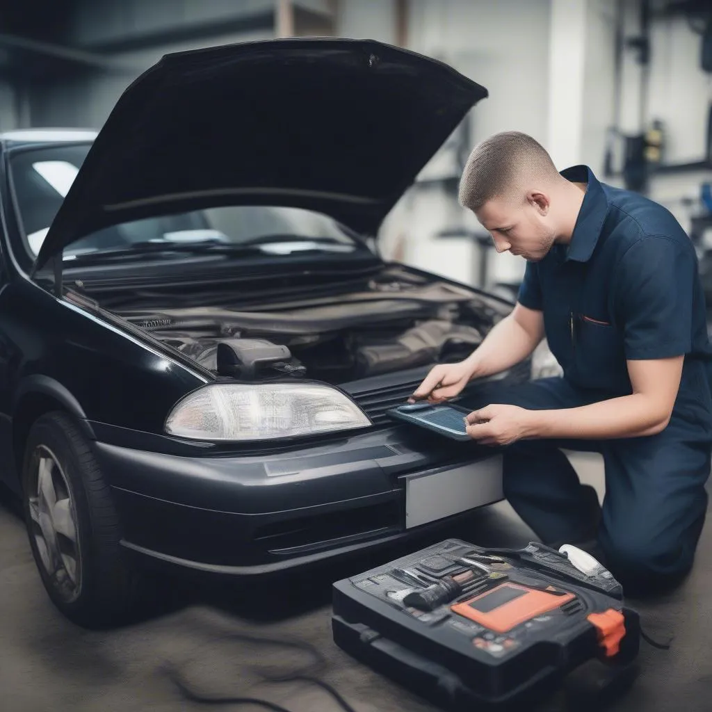 Un mécanicien automobile utilisant un outil de diagnostic sur une voiture moderne