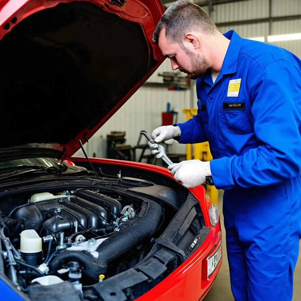 Mécanicien automobile travaillant sur un moteur