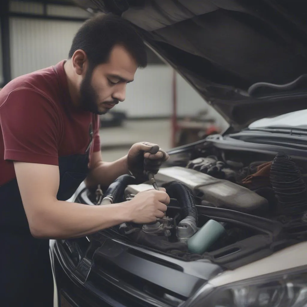 Car Mechanic Working on Engine