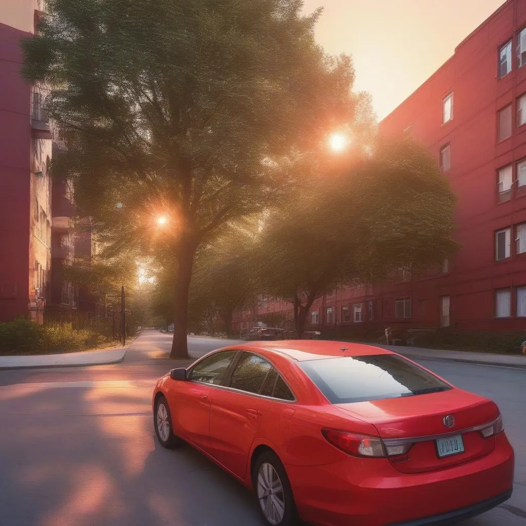 Red car parked on a city street with a GPS tracker icon overlaid