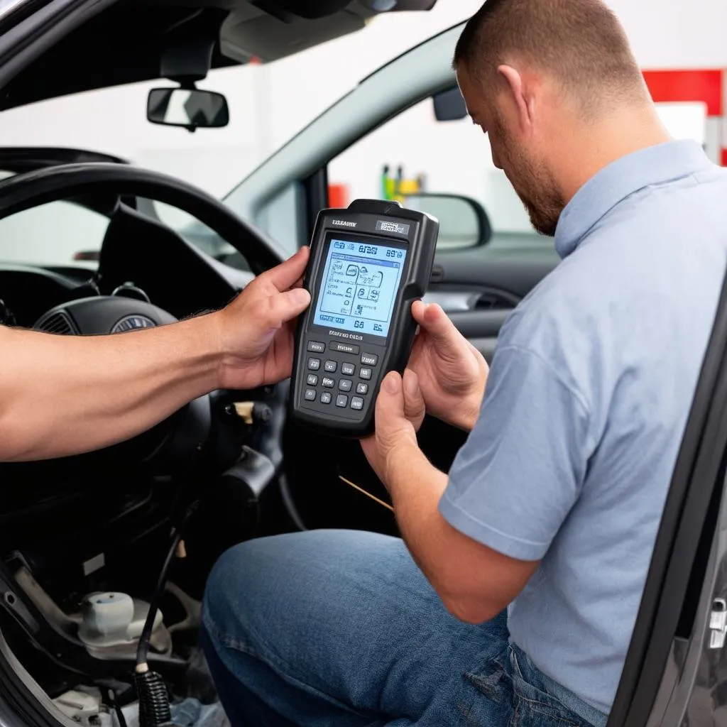 Spécialiste de la réparation automobile avec un outil de diagnostic