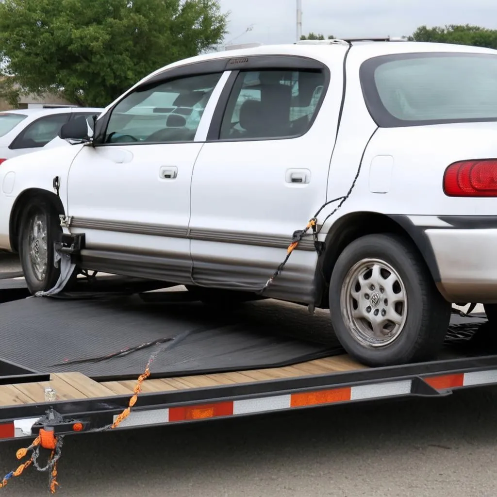 Voiture attachée sur une remorque