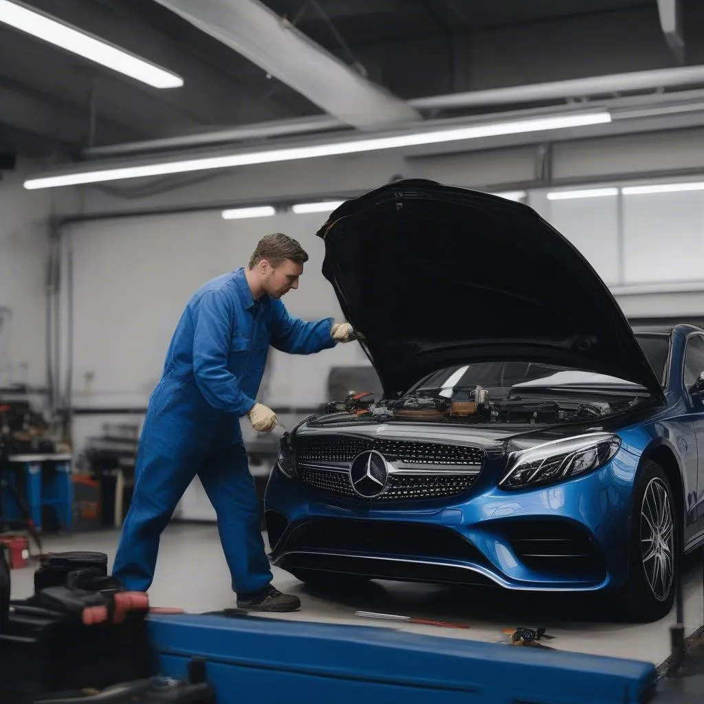 Car mechanic working on a Mercedes-Benz