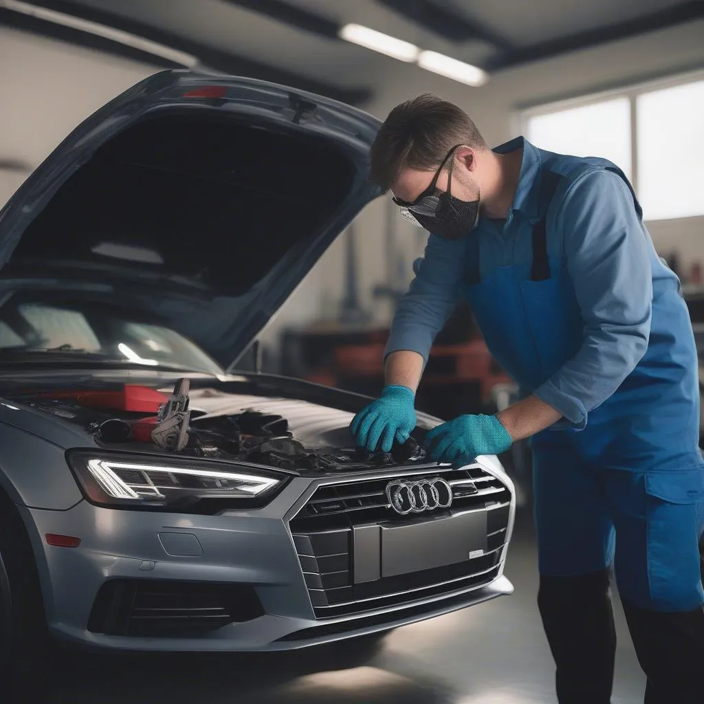 Car Mechanic Replacing Headlight