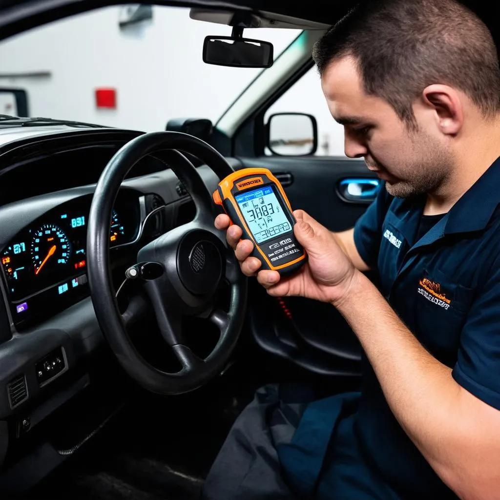 Car mechanic using a diagnostic scanner