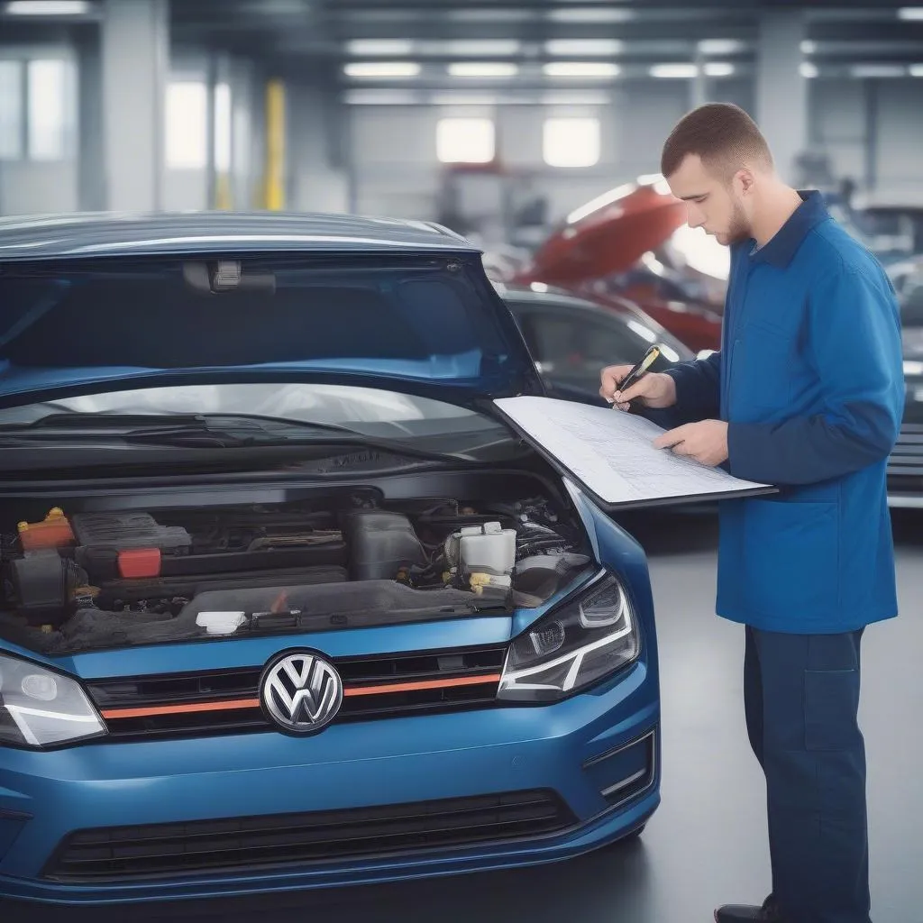 Un mécanicien utilise l'outil Cars and Credit Master pour diagnostiquer un problème sur une Volkswagen Golf