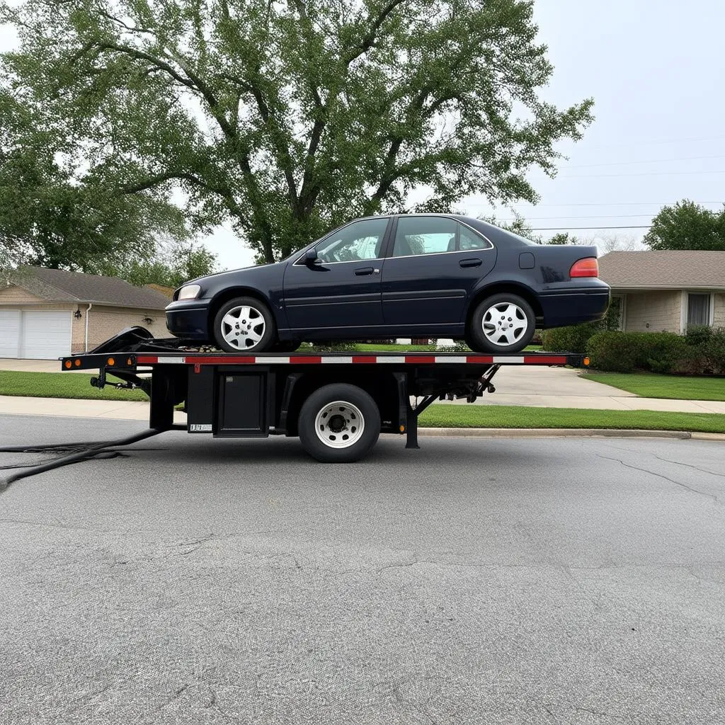 Tow truck picking up a junk car