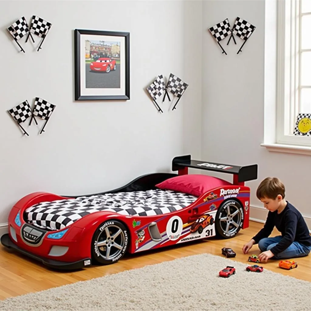 Chambre d'enfant avec décoration sur le thème de la course automobile et un lit voiture de course