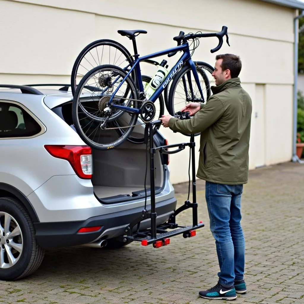 Chargement vélo sur porte-vélo voiture