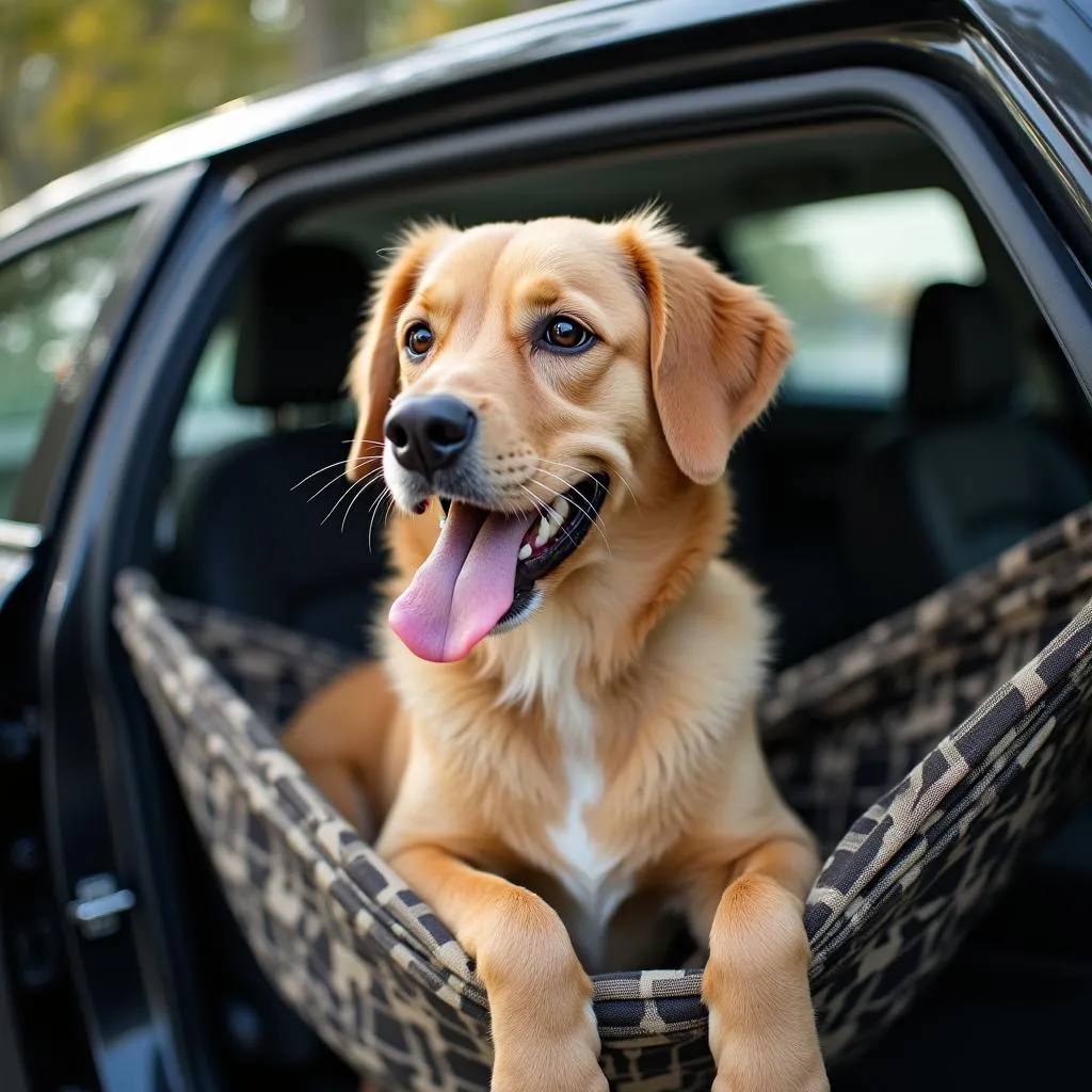 Chien heureux dans un hamac de voiture