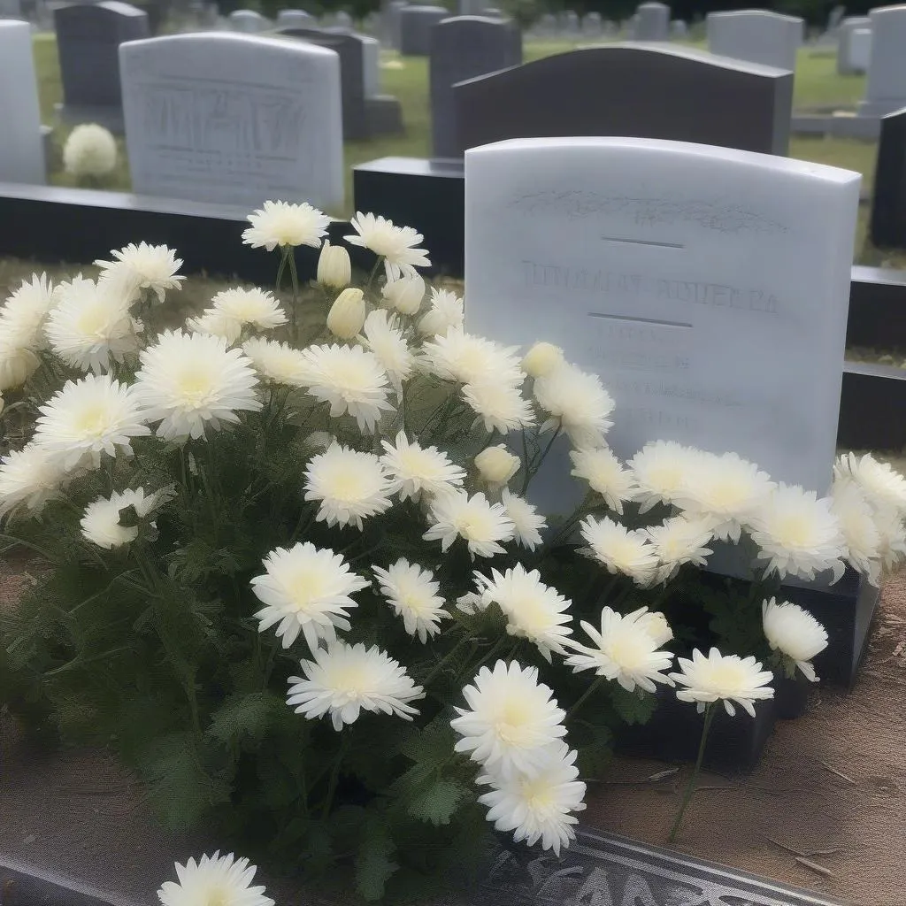 chrysanthèmes blanches sur une tombe