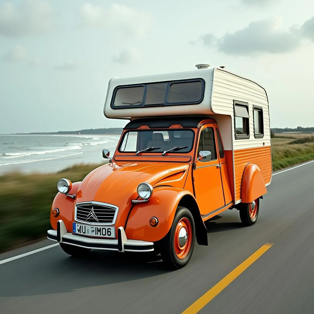 Une Citroën 2CV transformée en caravane sur les routes de Normandie